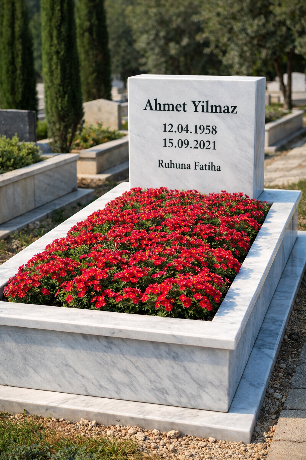 Kırmızı çiçeklerle düzenlenmiş mezar peyzajı örneği