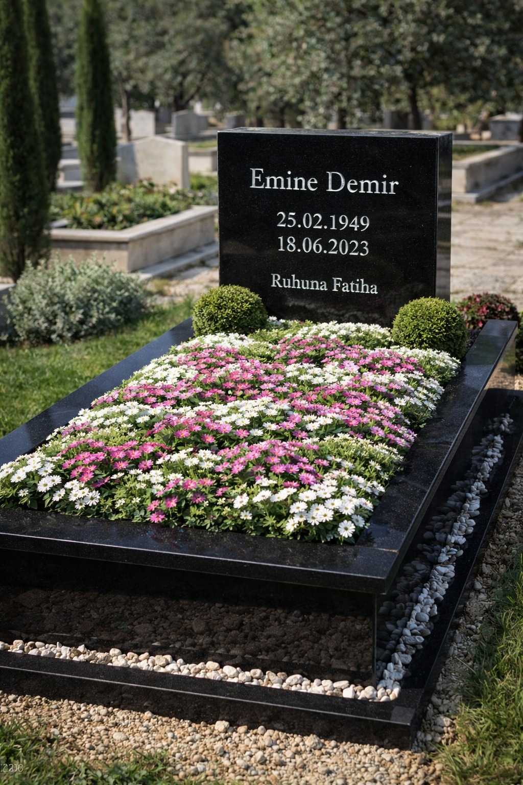 Pembe beyaz çiçeklerle tamamlanmış mezar bakım uygulaması